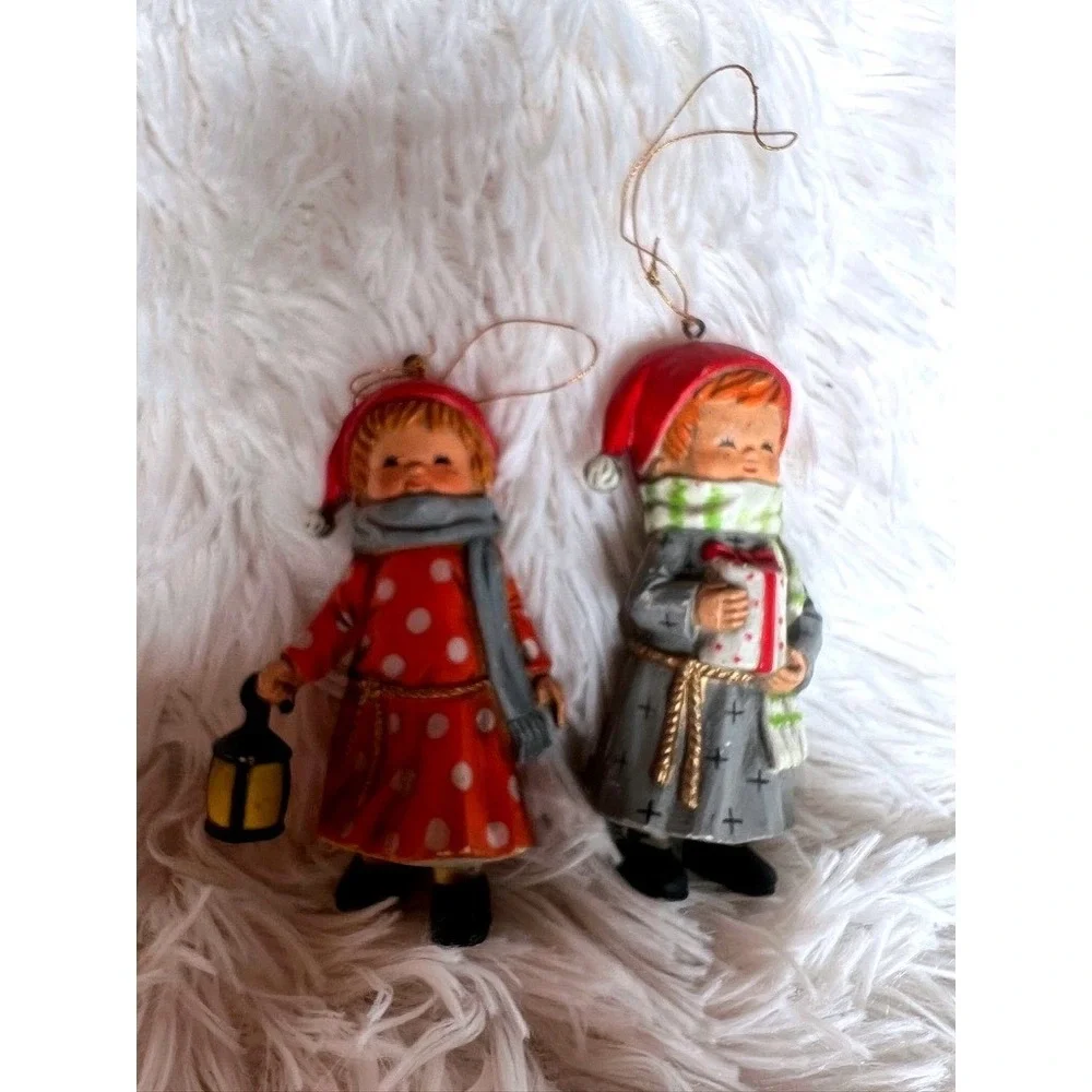 Vintage Christmas Girl & Boy Figurine Ornaments 3.5